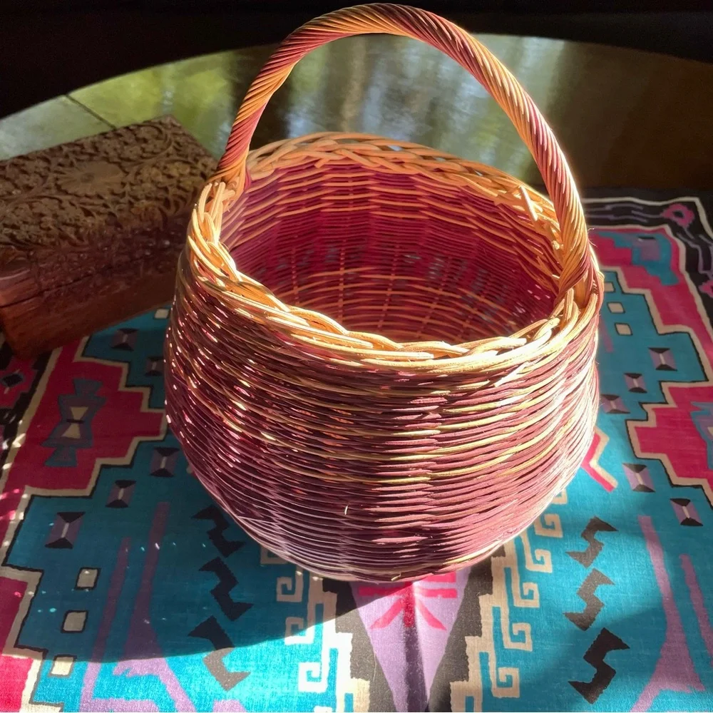 Vintage Hand Woven Round Reed Basket. Purple and Natural Color Striped. 9